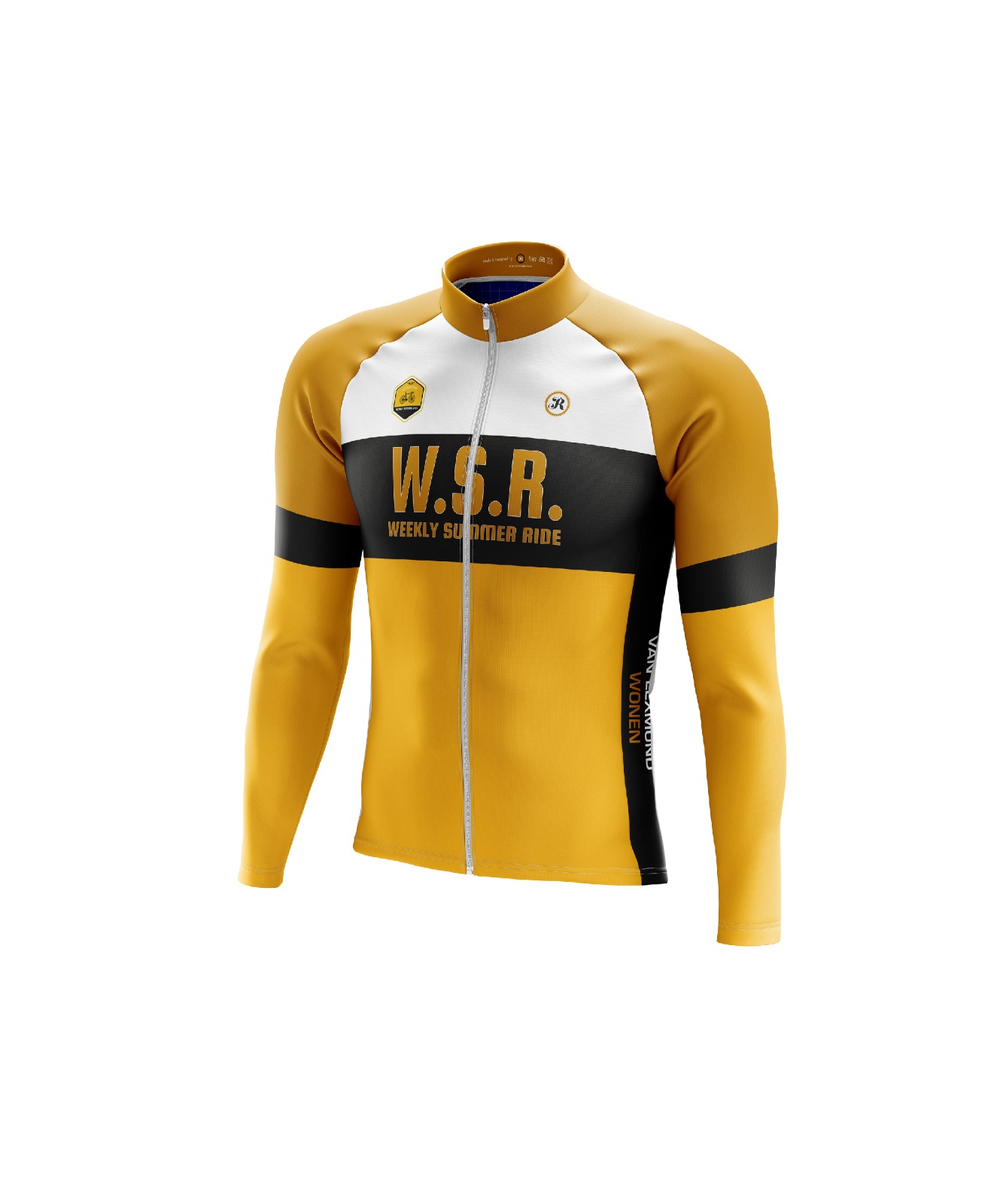WSR-shirt met lange mouw, voorkant: geel, wit en zwart met W.S.R. op de borst
