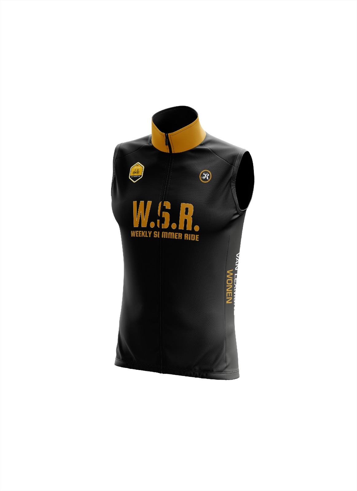Zwart WSR-windvest met gele kraag en W.S.R. op de borst